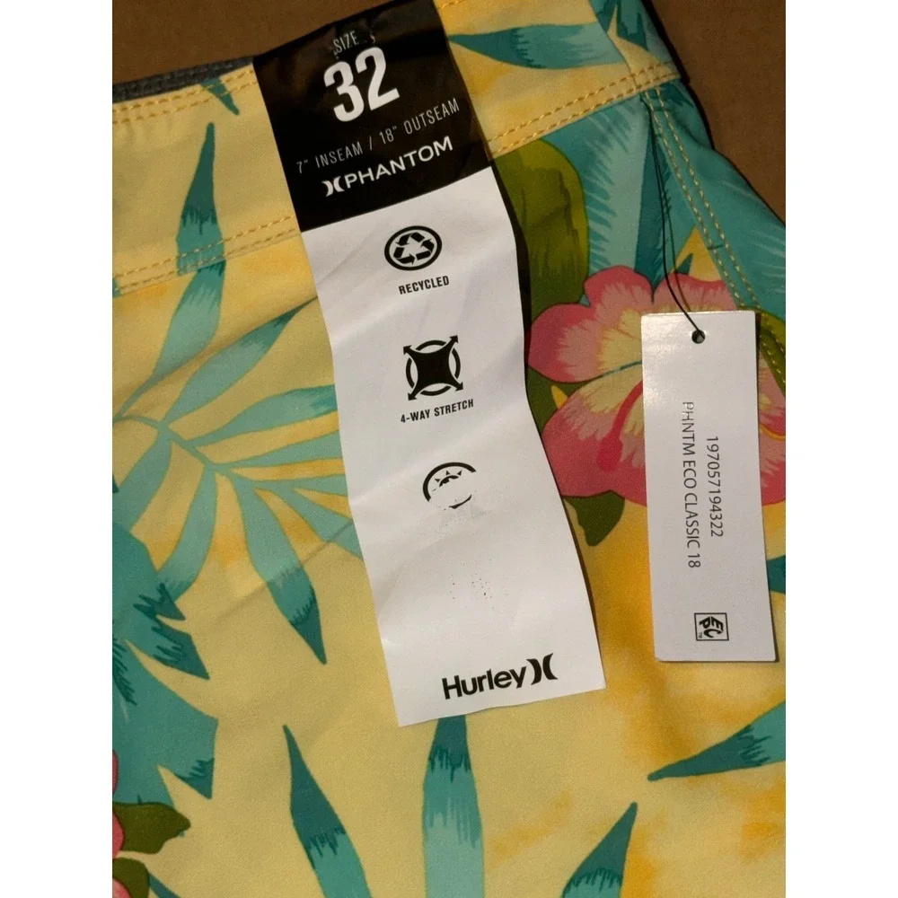 Hurley Men's Phantom Board Shorts Yellow Floral Swim Trunks, Size‎ 32, NWT